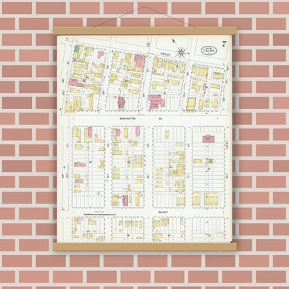 Old map wall art mockup — magnetic wood frame on brick wall — Sanborn Fire Insurance Map from Cairo, Alexander County, Illinois (1901), Sheet #0007