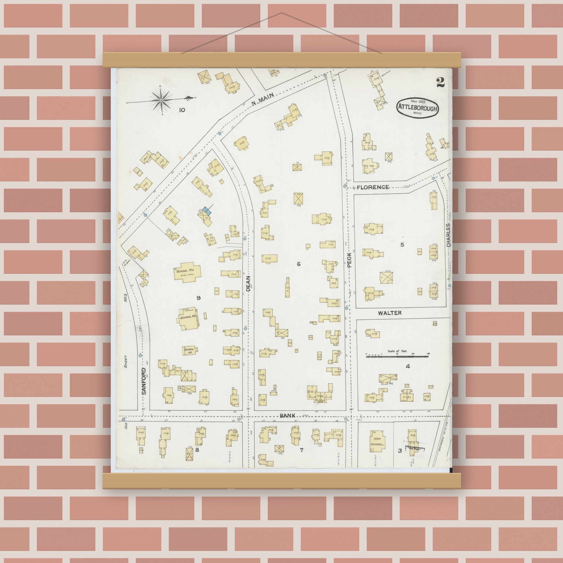 Old map wall art mockup — magnetic wood frame on brick wall — Sanborn Fire Insurance Map from Attleboro, Bristol County, Massachusetts (1889), Sheet #0002