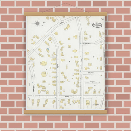 Old map wall art mockup — magnetic wood frame on brick wall — Sanborn Fire Insurance Map from Attleboro, Bristol County, Massachusetts (1889), Sheet #0002