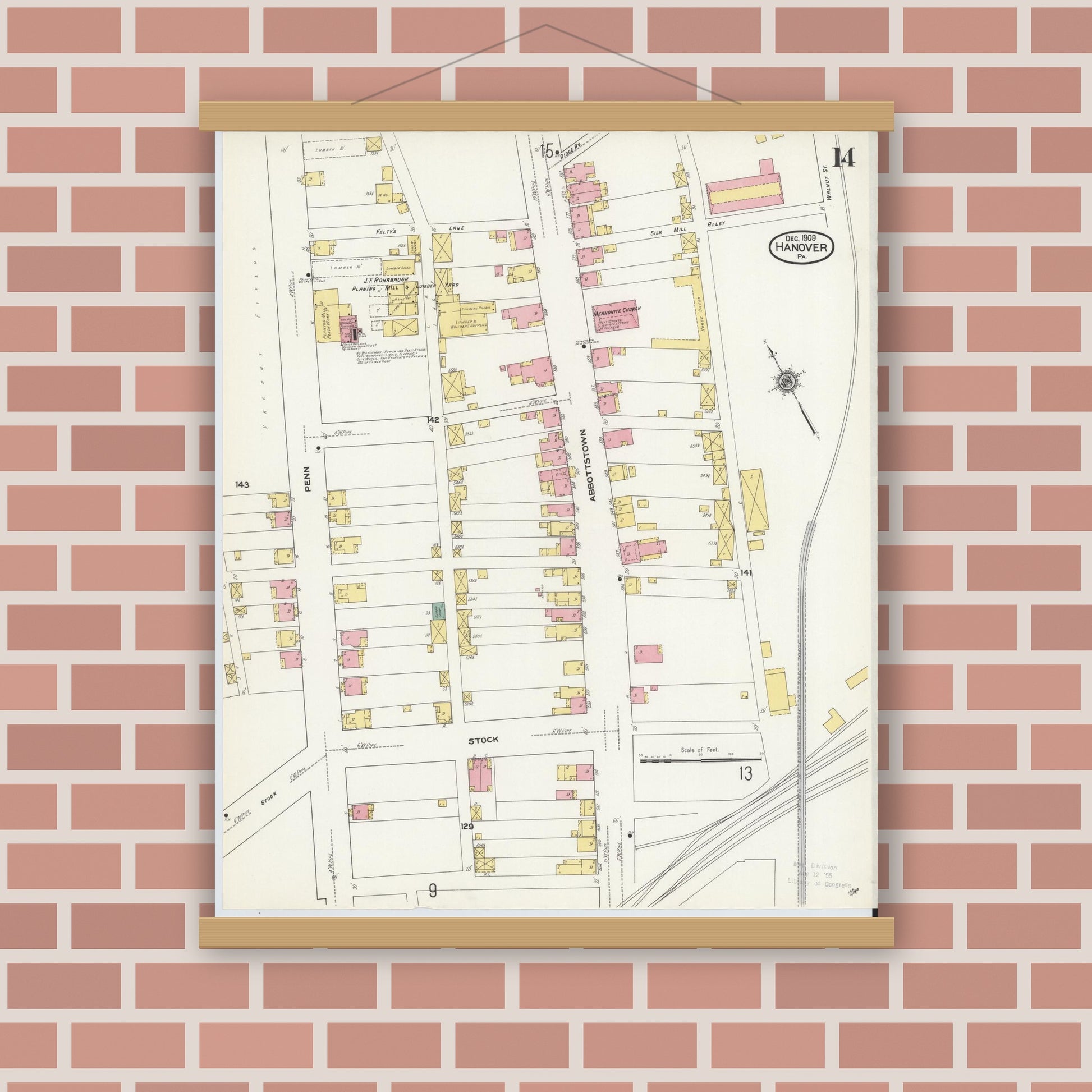 Old map wall art mockup — magnetic wood frame on brick wall — Sanborn Fire Insurance Map from Hanover, York County, Pennsylvania (1909), Sheet #0014