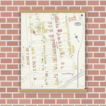 Old map wall art mockup — magnetic wood frame on brick wall — Sanborn Fire Insurance Map from Hanover, York County, Pennsylvania (1909), Sheet #0014