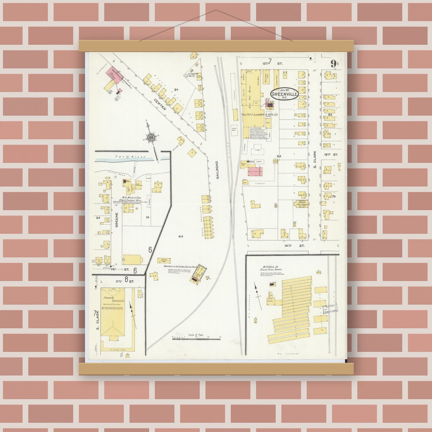 Old map wall art mockup — magnetic wood frame on brick wall — Sanborn Fire Insurance Map from Greenville, Pitt County, North Carolina (1911), Sheet #0009