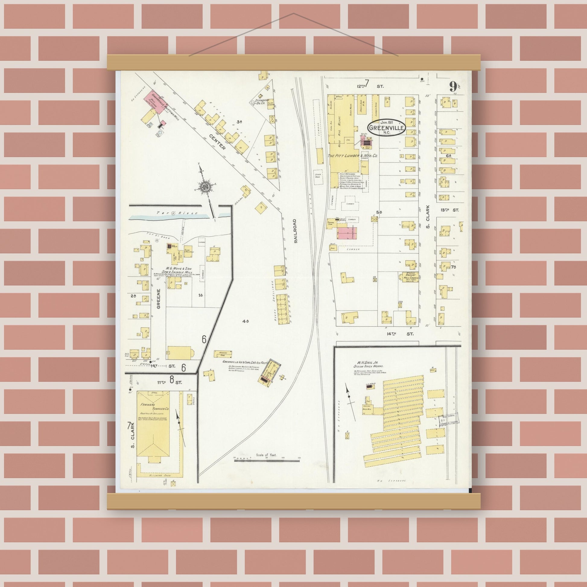 Old map wall art mockup — magnetic wood frame on brick wall — Sanborn Fire Insurance Map from Greenville, Pitt County, North Carolina (1911), Sheet #0009