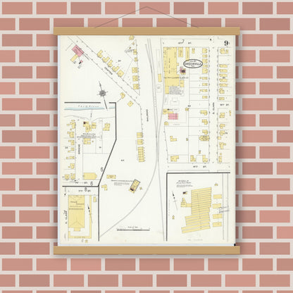 Old map wall art mockup — magnetic wood frame on brick wall — Sanborn Fire Insurance Map from Greenville, Pitt County, North Carolina (1911), Sheet #0009