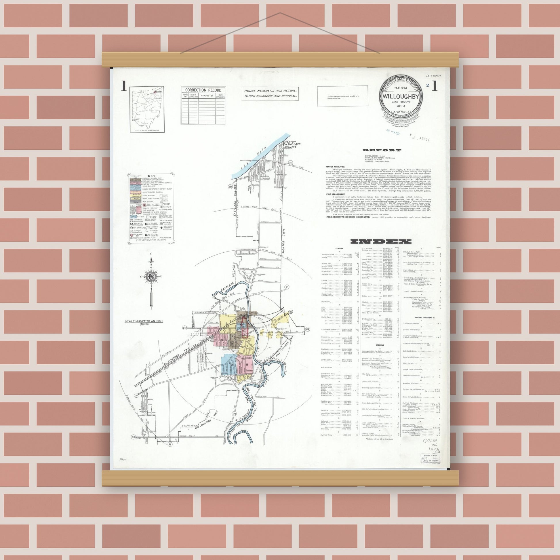 Old map wall art mockup — magnetic wood frame on brick wall — Sanborn Fire Insurance Map from Willoughby, Lake County, Ohio (1952) - Complete Map Set