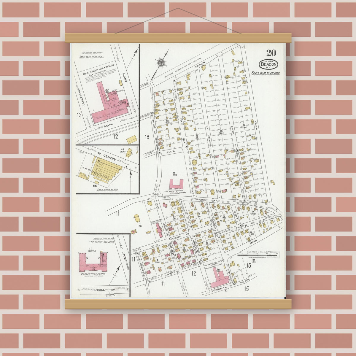 Old map wall art mockup — magnetic wood frame on brick wall — Sanborn Fire Insurance Map from Beacon, Dutchess County, New York (1919), Sheet #0020
