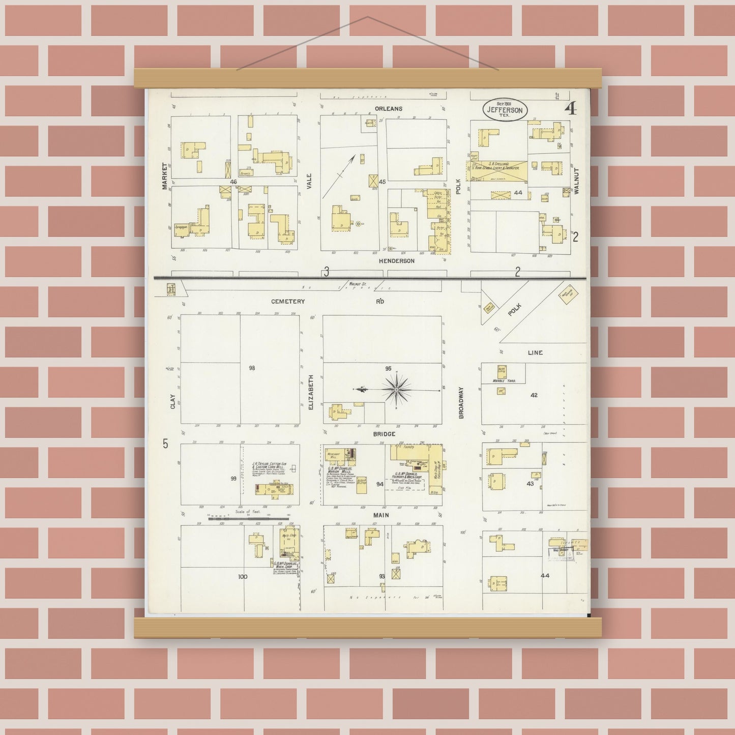 Old map wall art mockup — magnetic wood frame on brick wall — Sanborn Fire Insurance Map from Jefferson, Marion County, Texas (1901), Sheet #0004