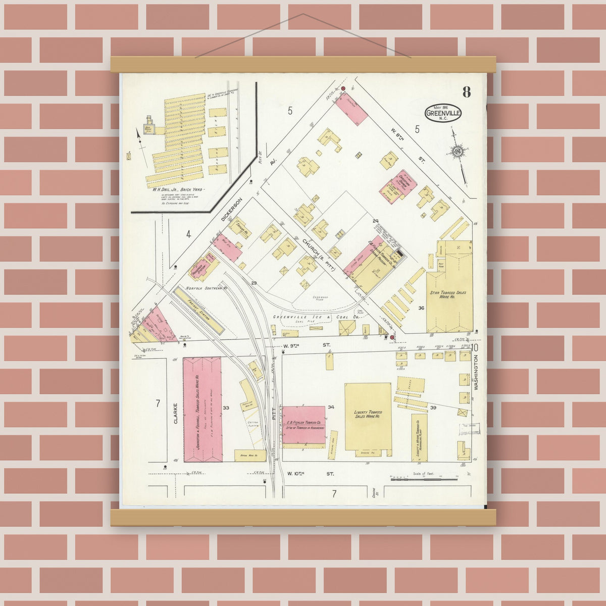 Old map wall art mockup — magnetic wood frame on brick wall — Sanborn Fire Insurance Map from Greenville, Pitt County, North Carolina (1916), Sheet #0008