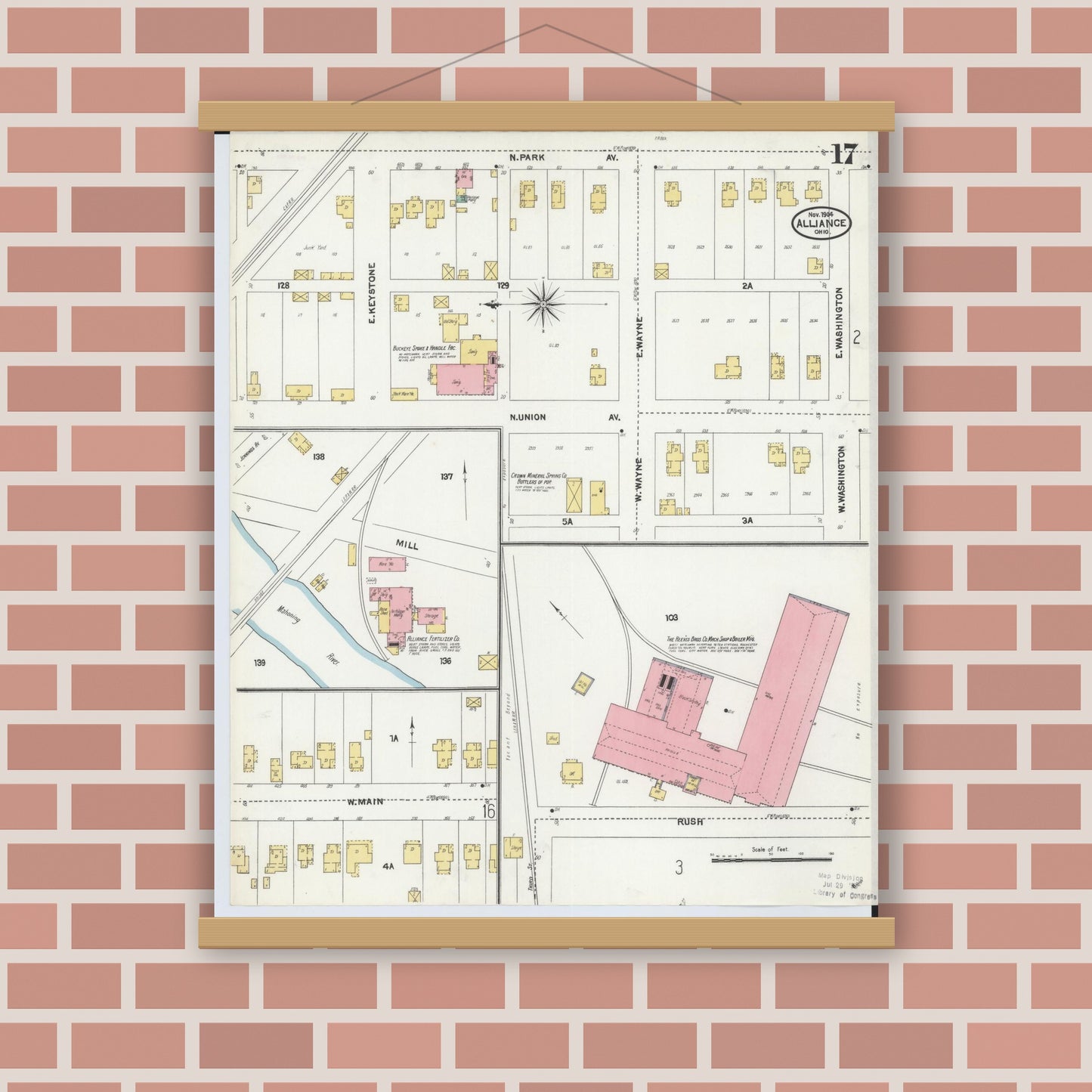 Old map wall art mockup — magnetic wood frame on brick wall — Sanborn Fire Insurance Map from Alliance, Stark County, Ohio (1904), Sheet #0017