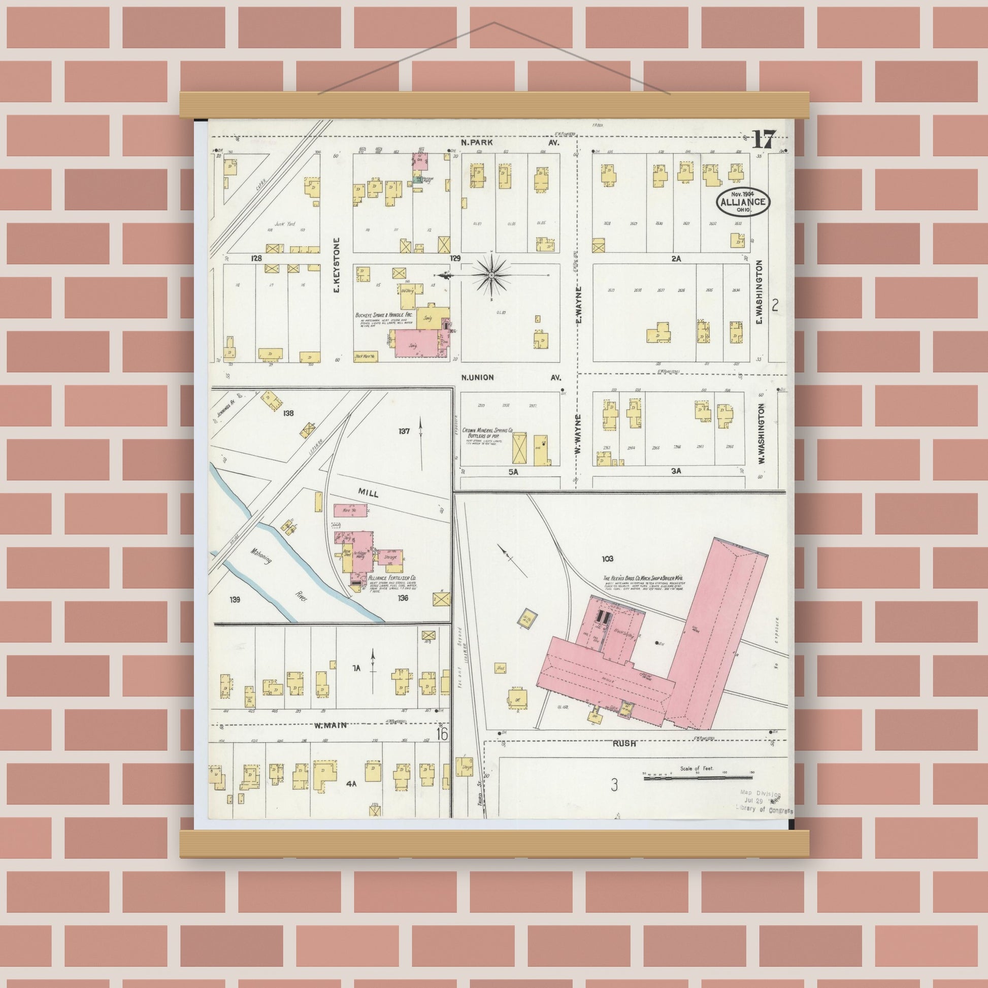 Old map wall art mockup — magnetic wood frame on brick wall — Sanborn Fire Insurance Map from Alliance, Stark County, Ohio (1904), Sheet #0017