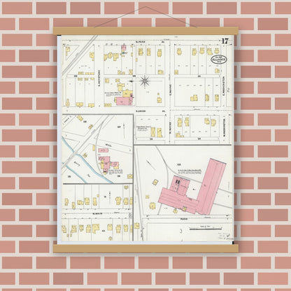 Old map wall art mockup — magnetic wood frame on brick wall — Sanborn Fire Insurance Map from Alliance, Stark County, Ohio (1904), Sheet #0017
