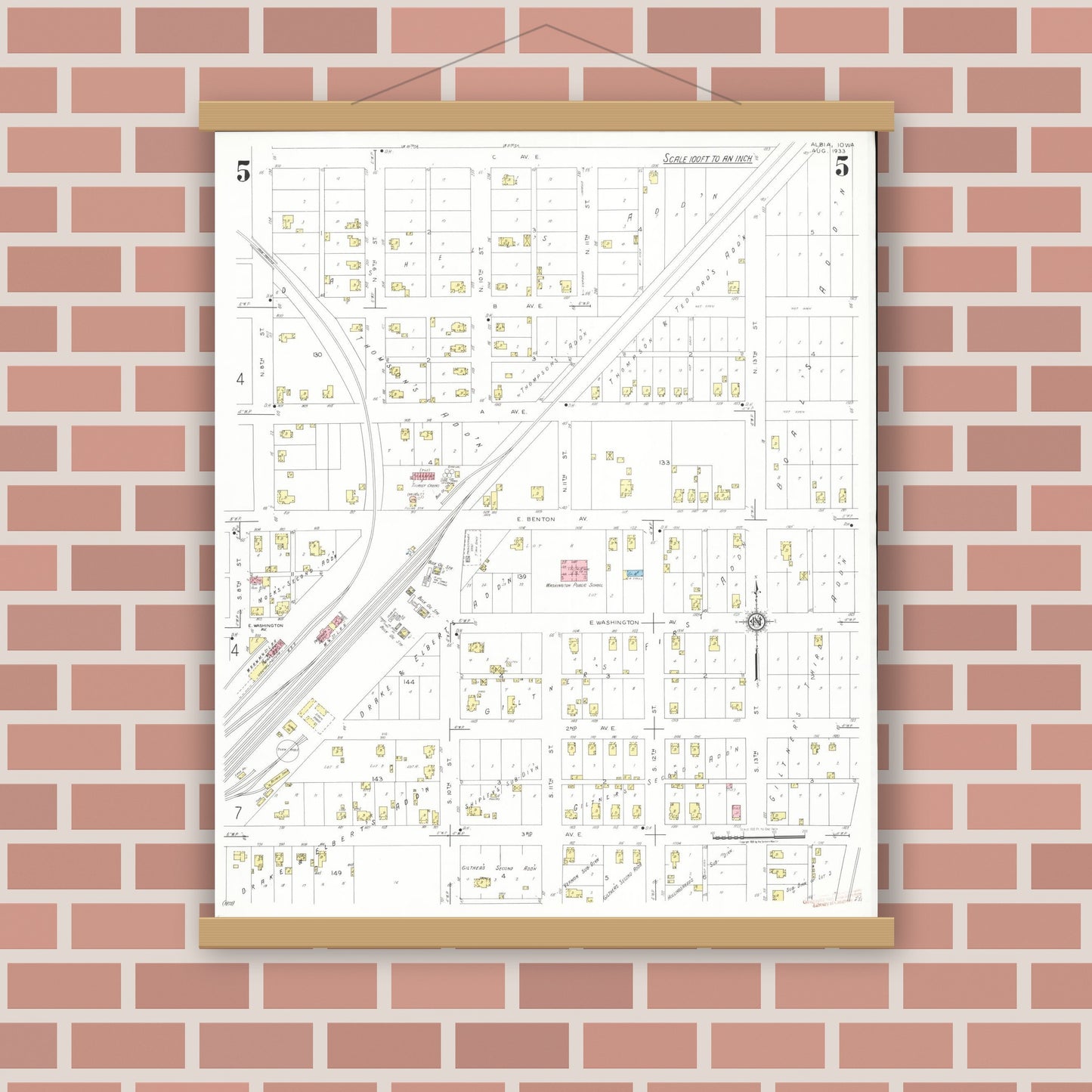 Old map wall art mockup — magnetic wood frame on brick wall — Sanborn Fire Insurance Map from Albia, Monroe County, Iowa (1933), Sheet #0005