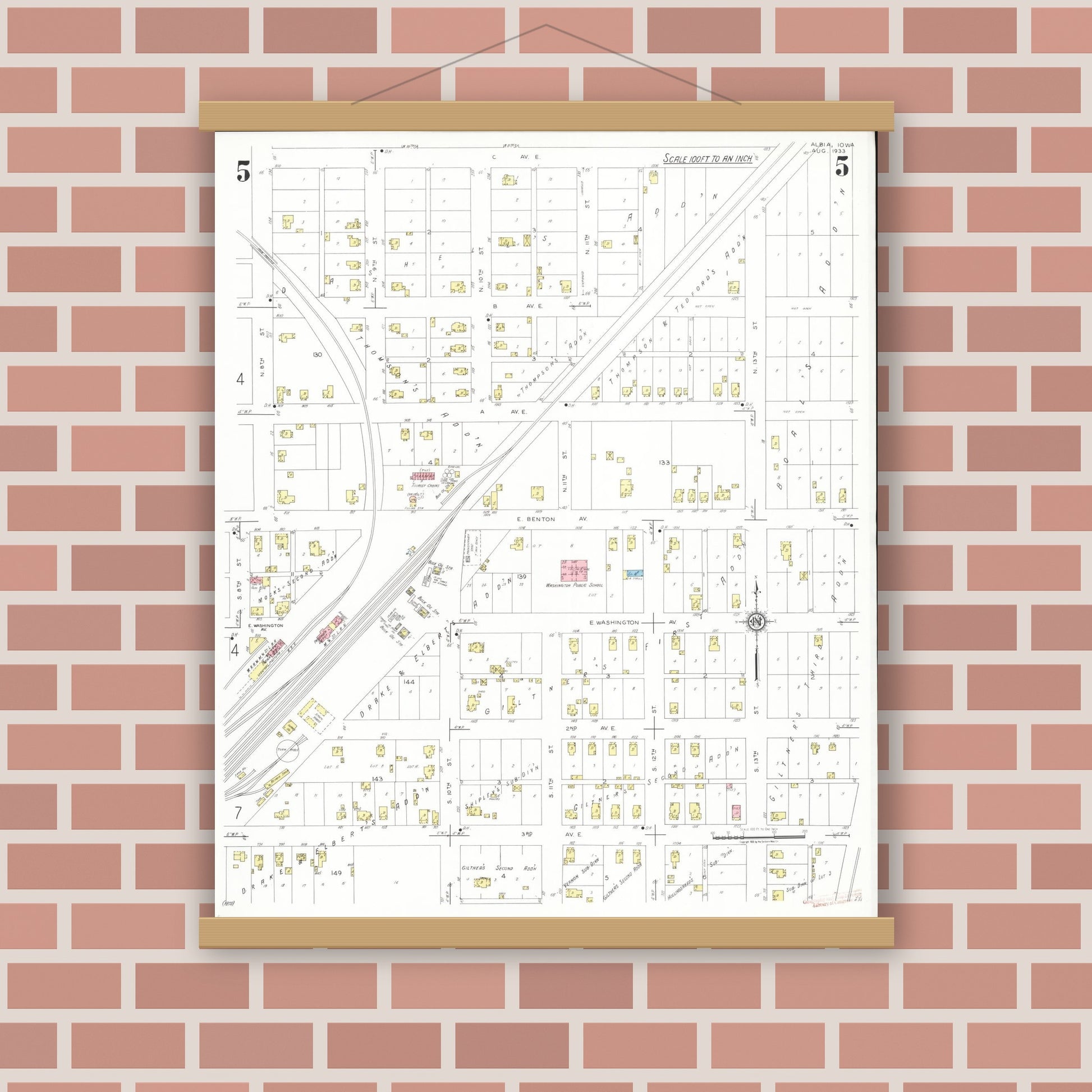 Old map wall art mockup — magnetic wood frame on brick wall — Sanborn Fire Insurance Map from Albia, Monroe County, Iowa (1933), Sheet #0005