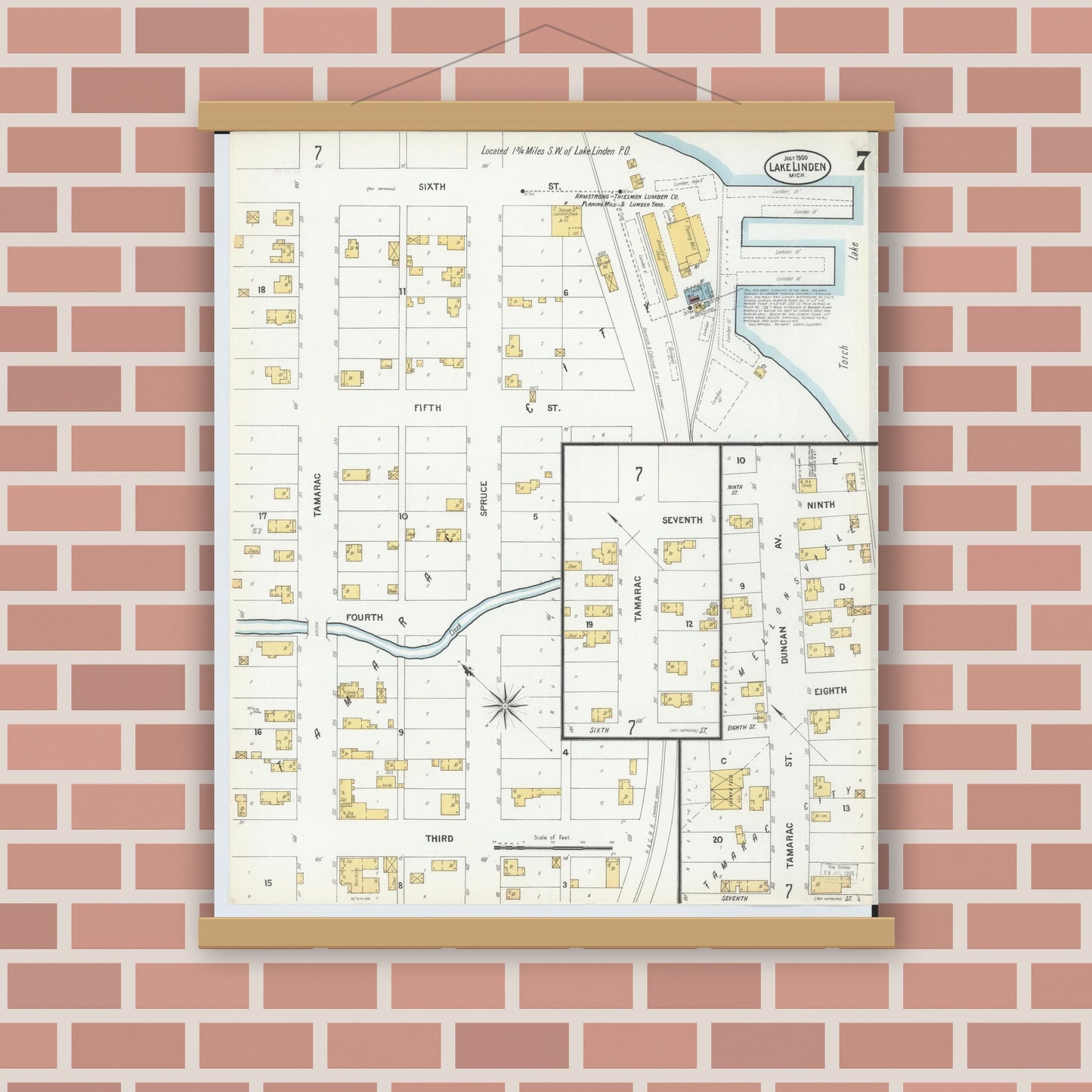 Old map wall art mockup — magnetic wood frame on brick wall — Sanborn Fire Insurance Map from Lake Linden, Houghton County, Michigan (1900), Sheet #0007