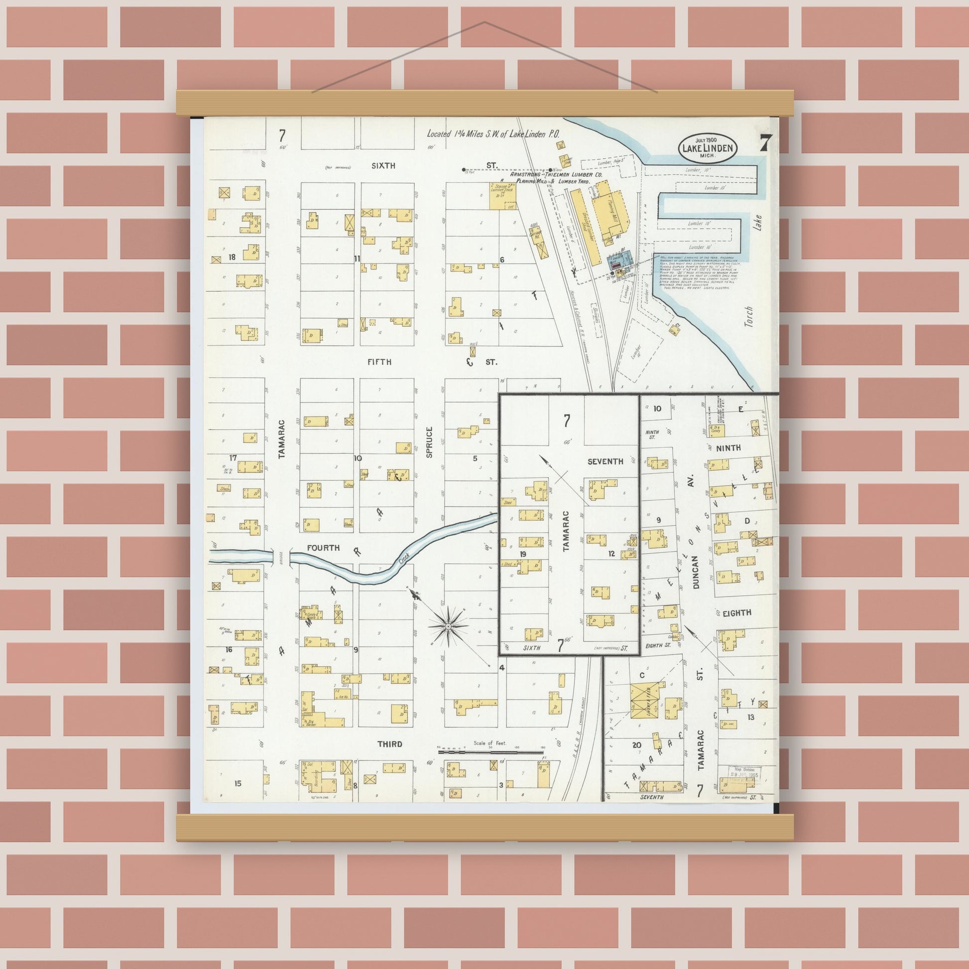 Old map wall art mockup — magnetic wood frame on brick wall — Sanborn Fire Insurance Map from Lake Linden, Houghton County, Michigan (1900), Sheet #0007