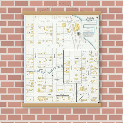 Old map wall art mockup — magnetic wood frame on brick wall — Sanborn Fire Insurance Map from Lake Linden, Houghton County, Michigan (1900), Sheet #0007
