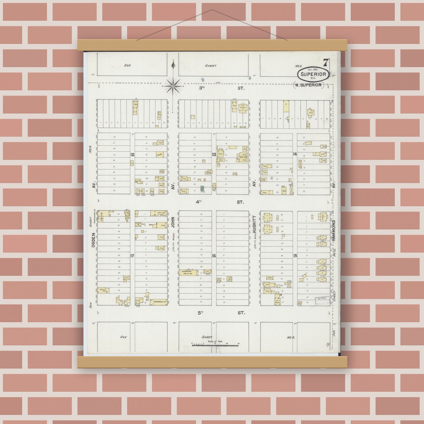 Old map wall art mockup — magnetic wood frame on brick wall — Sanborn Fire Insurance Map from Superior, Douglas County, Wisconsin (1889), Sheet #0007
