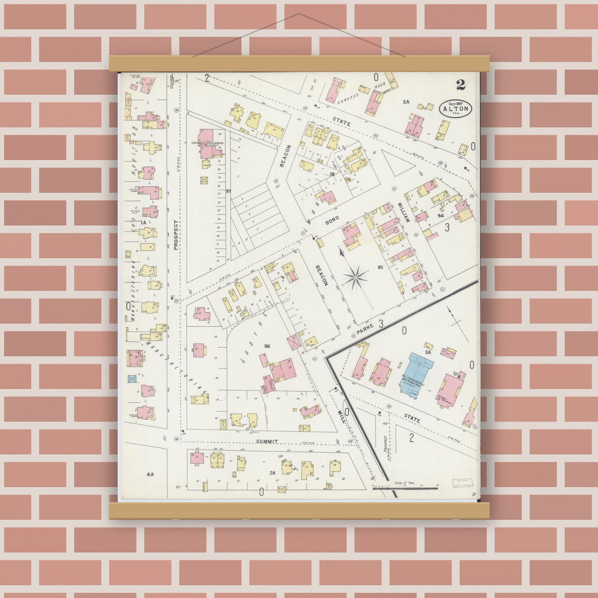 Old map wall art mockup — magnetic wood frame on brick wall — Sanborn Fire Insurance Map from Alton, Madison County, Illinois (1897), Sheet #0002