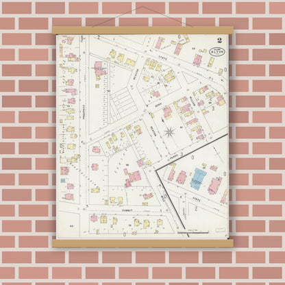 Old map wall art mockup — magnetic wood frame on brick wall — Sanborn Fire Insurance Map from Alton, Madison County, Illinois (1897), Sheet #0002