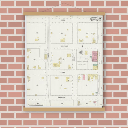 Old map wall art mockup — magnetic wood frame on brick wall — Sanborn Fire Insurance Map from Gilmer, Upshur County, Texas (1891), Sheet #0002