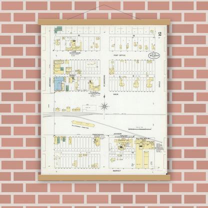 Old map wall art mockup — magnetic wood frame on brick wall — Sanborn Fire Insurance Map from Weimar, Colorado County, Texas (1901), Sheet #0002