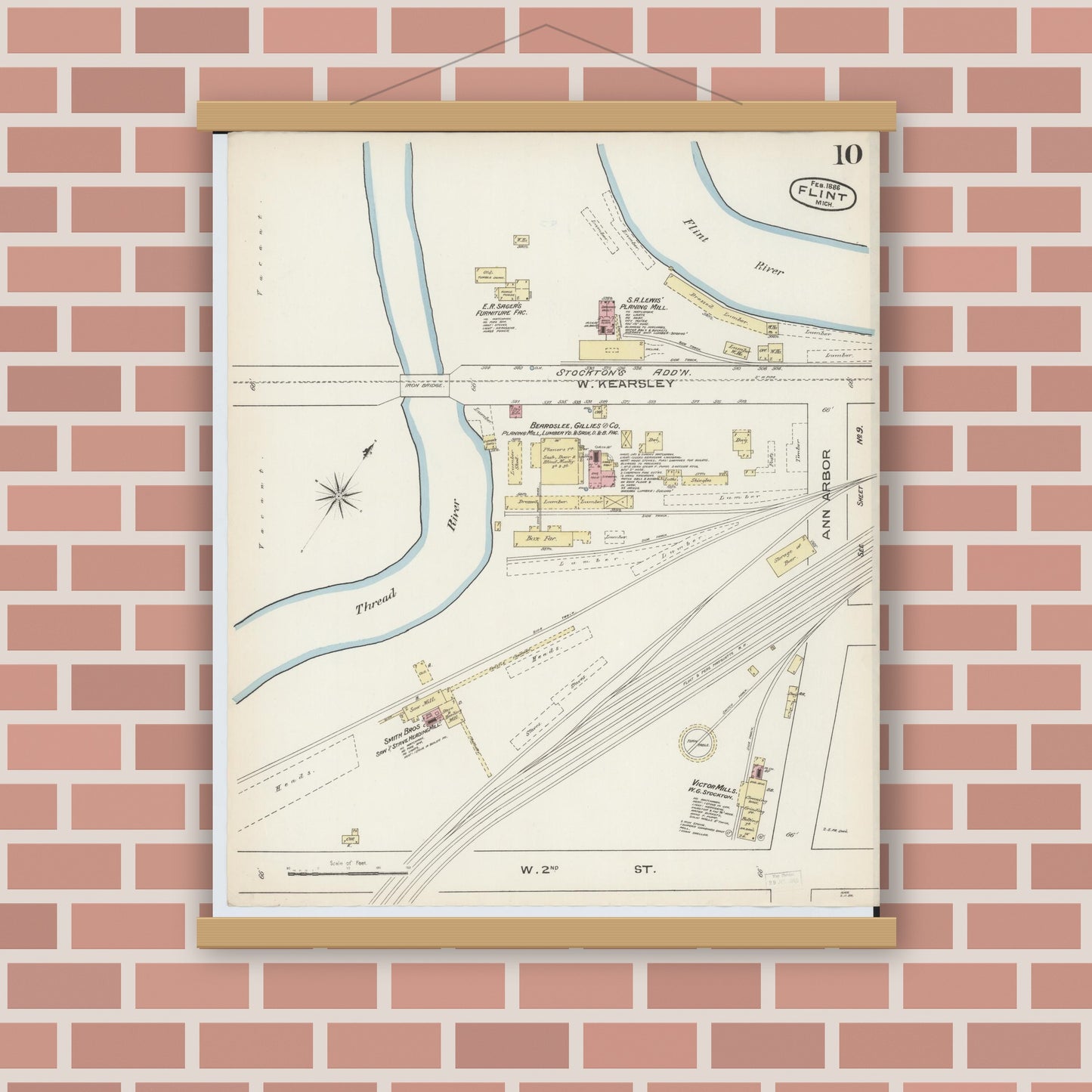 Old map wall art mockup — magnetic wood frame on brick wall — Sanborn Fire Insurance Map from Flint, Genesee County, Michigan (1886), Sheet #0010