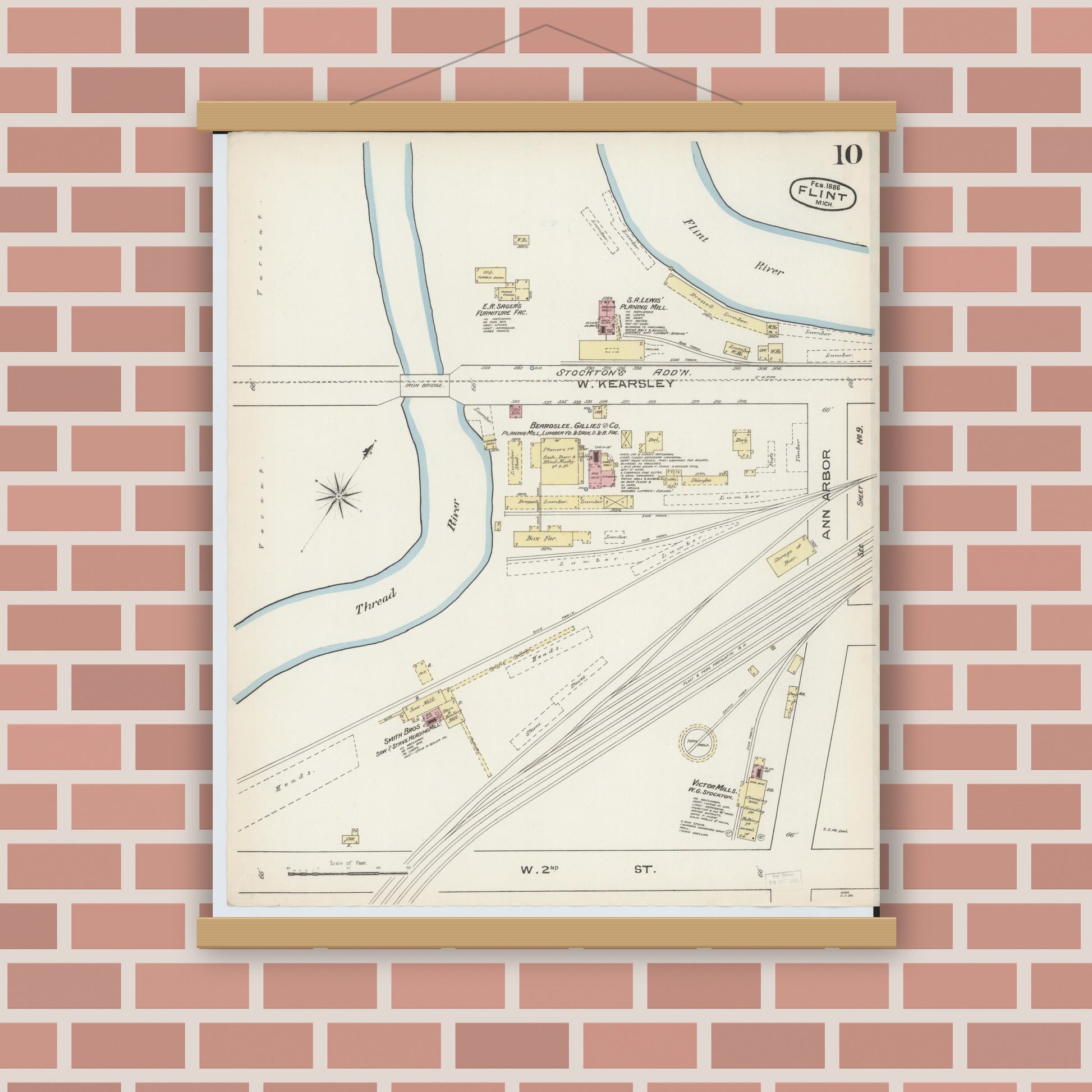 Old map wall art mockup — magnetic wood frame on brick wall — Sanborn Fire Insurance Map from Flint, Genesee County, Michigan (1886), Sheet #0010