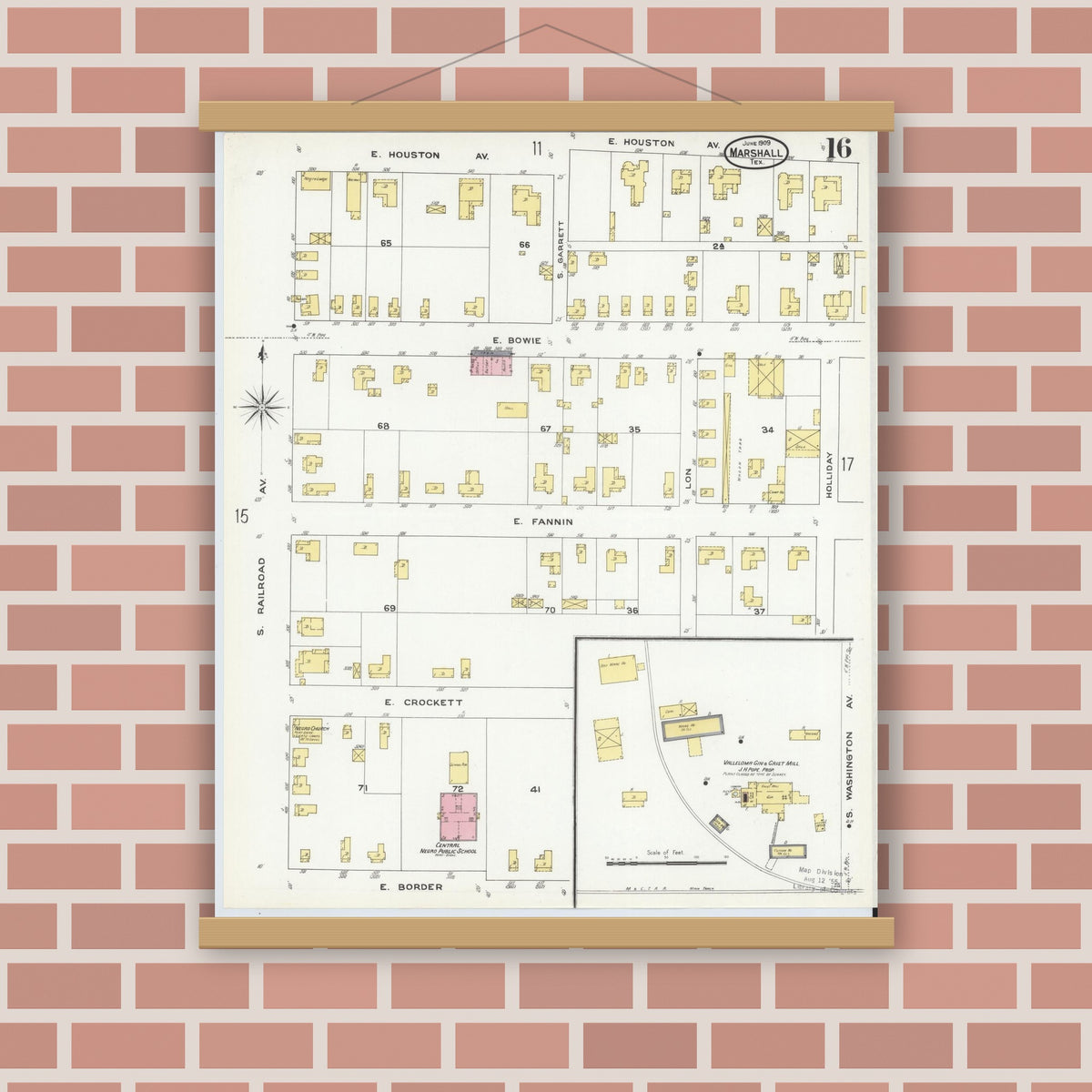 Old map wall art mockup — magnetic wood frame on brick wall — Sanborn Fire Insurance Map from Marshall, Harrison County, Texas (1909), Sheet #0016