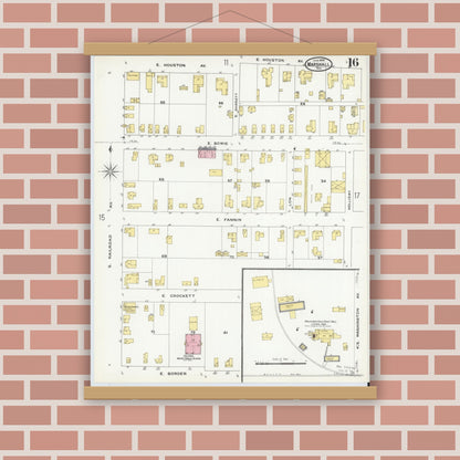 Old map wall art mockup — magnetic wood frame on brick wall — Sanborn Fire Insurance Map from Marshall, Harrison County, Texas (1909), Sheet #0016