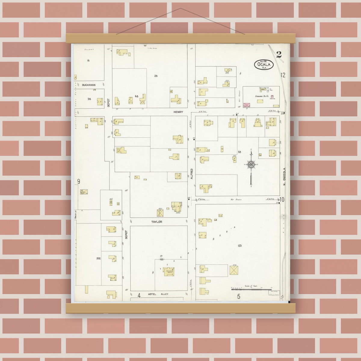 Old map wall art mockup — magnetic wood frame on brick wall — Sanborn Fire Insurance Map from Ocala, Marion County, Florida (1912), Sheet #0002