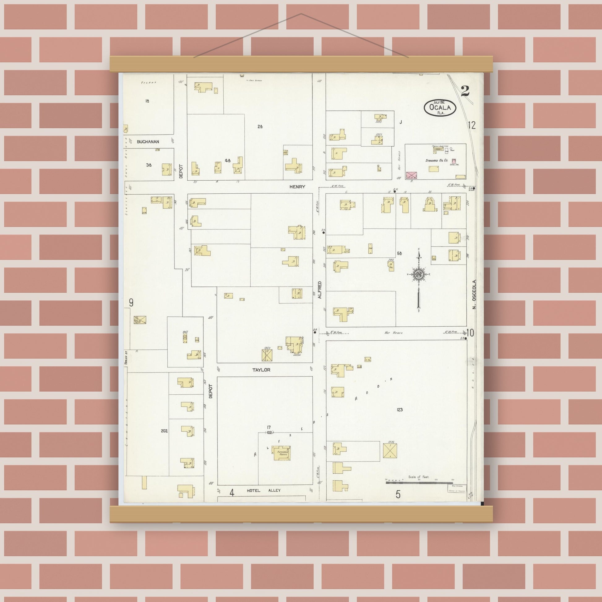 Old map wall art mockup — magnetic wood frame on brick wall — Sanborn Fire Insurance Map from Ocala, Marion County, Florida (1912), Sheet #0002