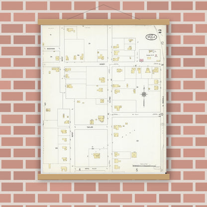Old map wall art mockup — magnetic wood frame on brick wall — Sanborn Fire Insurance Map from Ocala, Marion County, Florida (1912), Sheet #0002