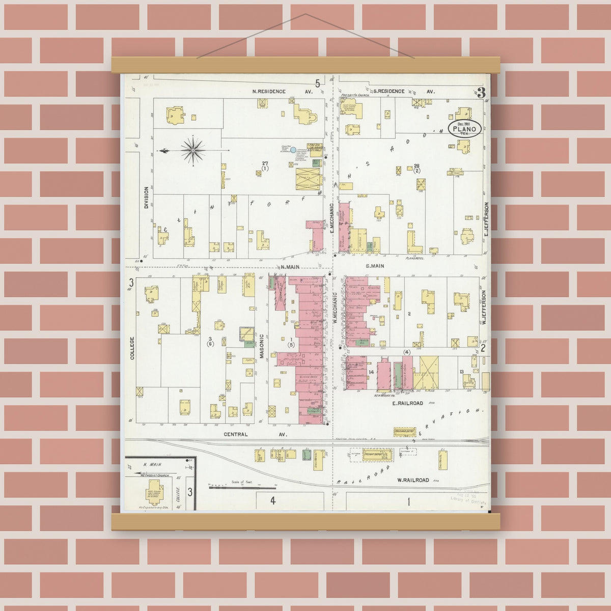 Old map wall art mockup — magnetic wood frame on brick wall — Sanborn Fire Insurance Map from Plano, Collin County, Texas (1901), Sheet #0003