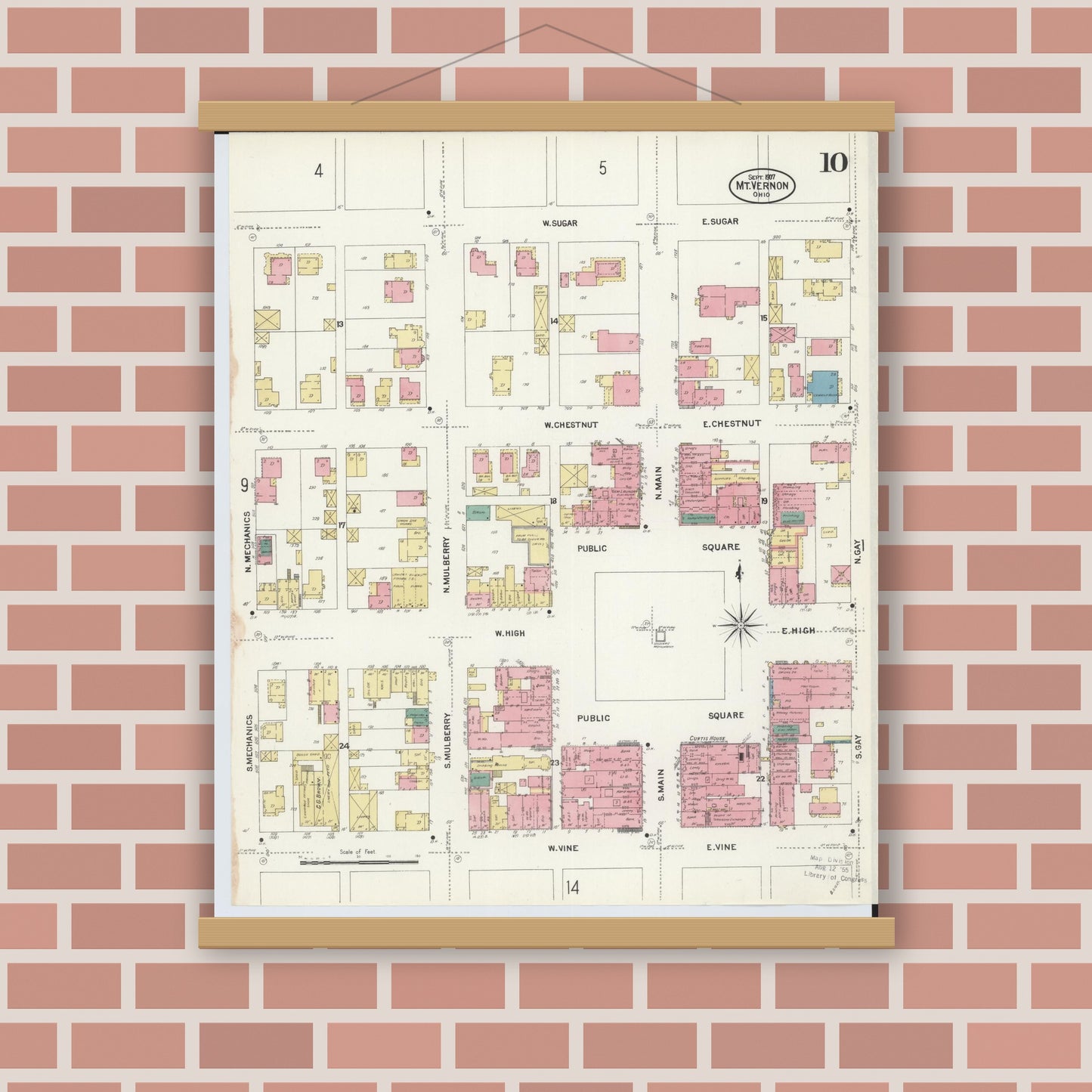 Old map wall art mockup — magnetic wood frame on brick wall — Sanborn Fire Insurance Map from Mount Vernon, Knox County, Ohio (1907), Sheet #0010