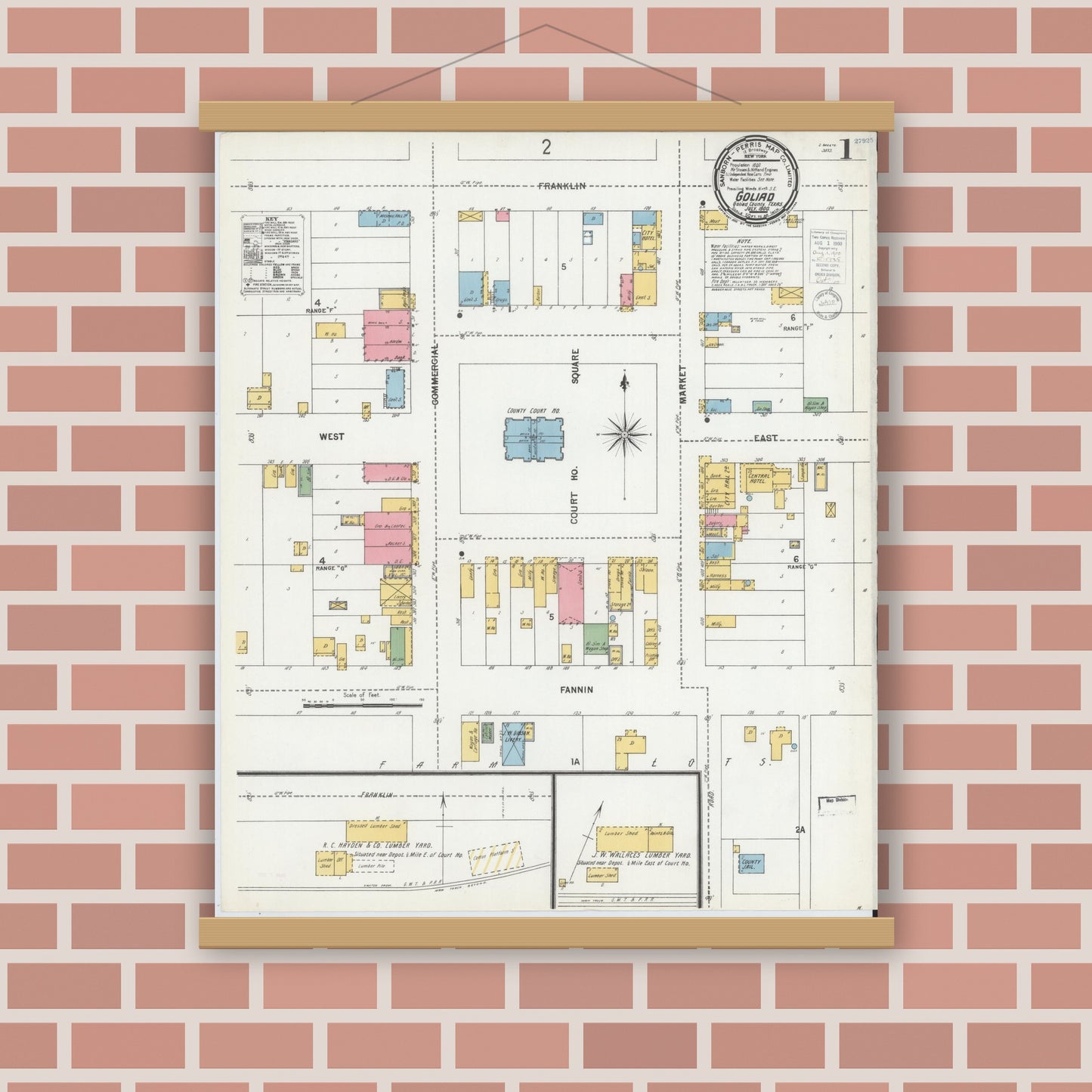 Old map wall art mockup — magnetic wood frame on brick wall — Sanborn Fire Insurance Map from Goliad, Goliad County, Texas (1900) - Complete Map Set