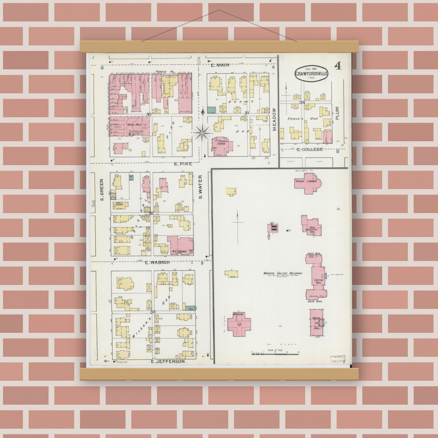 Old map wall art mockup — magnetic wood frame on brick wall — Sanborn Fire Insurance Map from Crawfordsville, Montgomery County, Indiana (1887), Sheet #0004