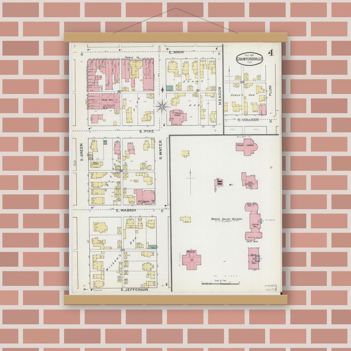 Old map wall art mockup — magnetic wood frame on brick wall — Sanborn Fire Insurance Map from Crawfordsville, Montgomery County, Indiana (1887), Sheet #0004