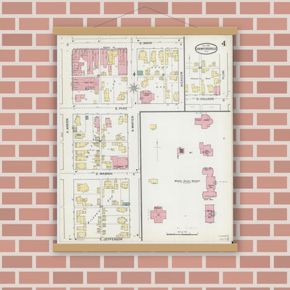 Old map wall art mockup — magnetic wood frame on brick wall — Sanborn Fire Insurance Map from Crawfordsville, Montgomery County, Indiana (1887), Sheet #0004