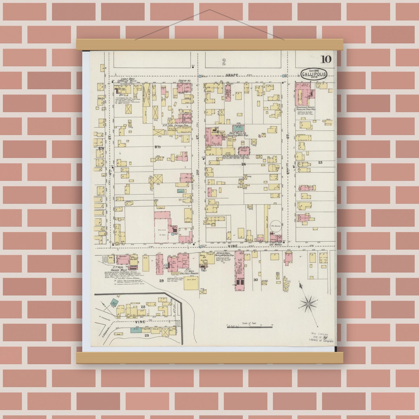 Old map wall art mockup — magnetic wood frame on brick wall — Sanborn Fire Insurance Map from Gallipolis, Gallia County, Ohio (1895), Sheet #0010