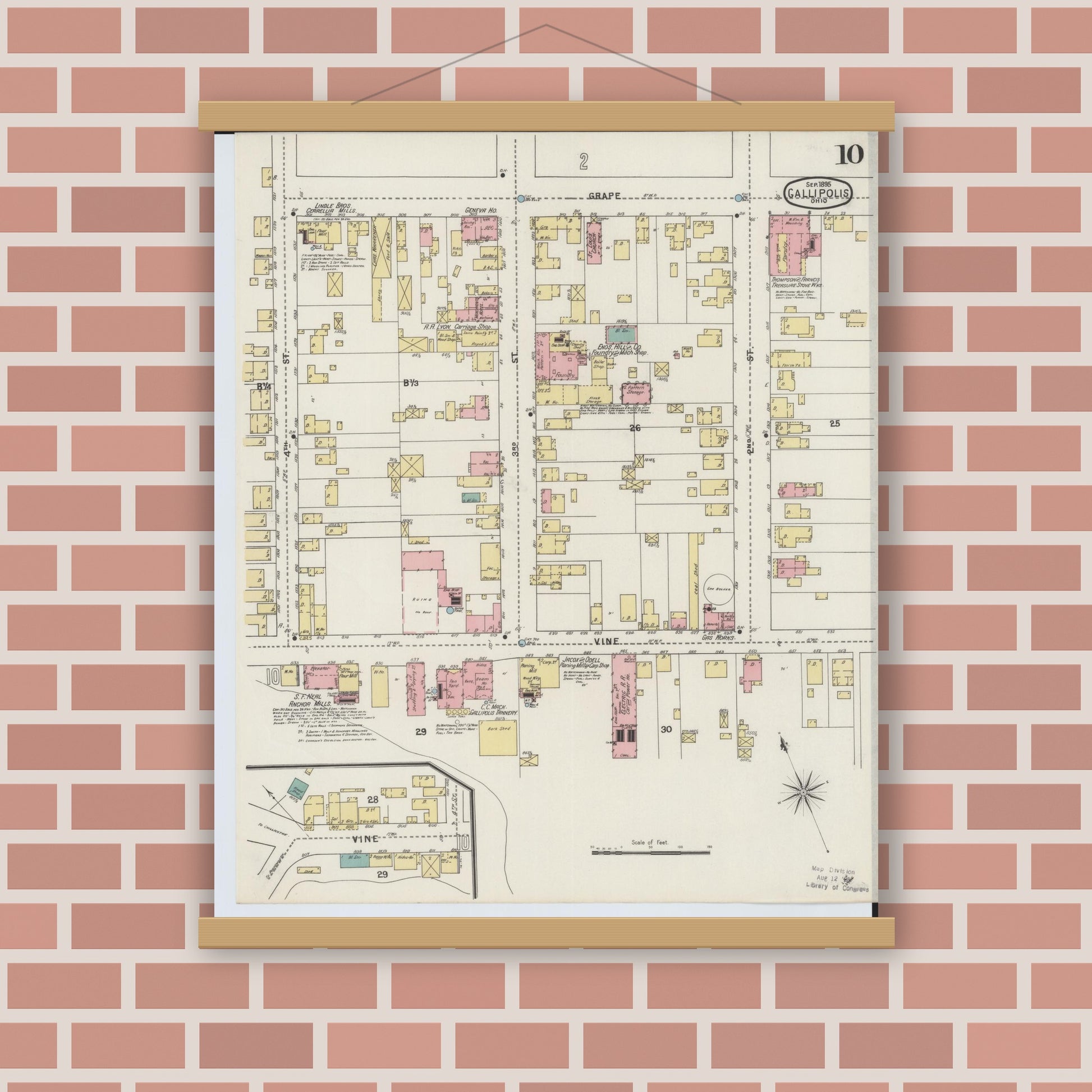 Old map wall art mockup — magnetic wood frame on brick wall — Sanborn Fire Insurance Map from Gallipolis, Gallia County, Ohio (1895), Sheet #0010