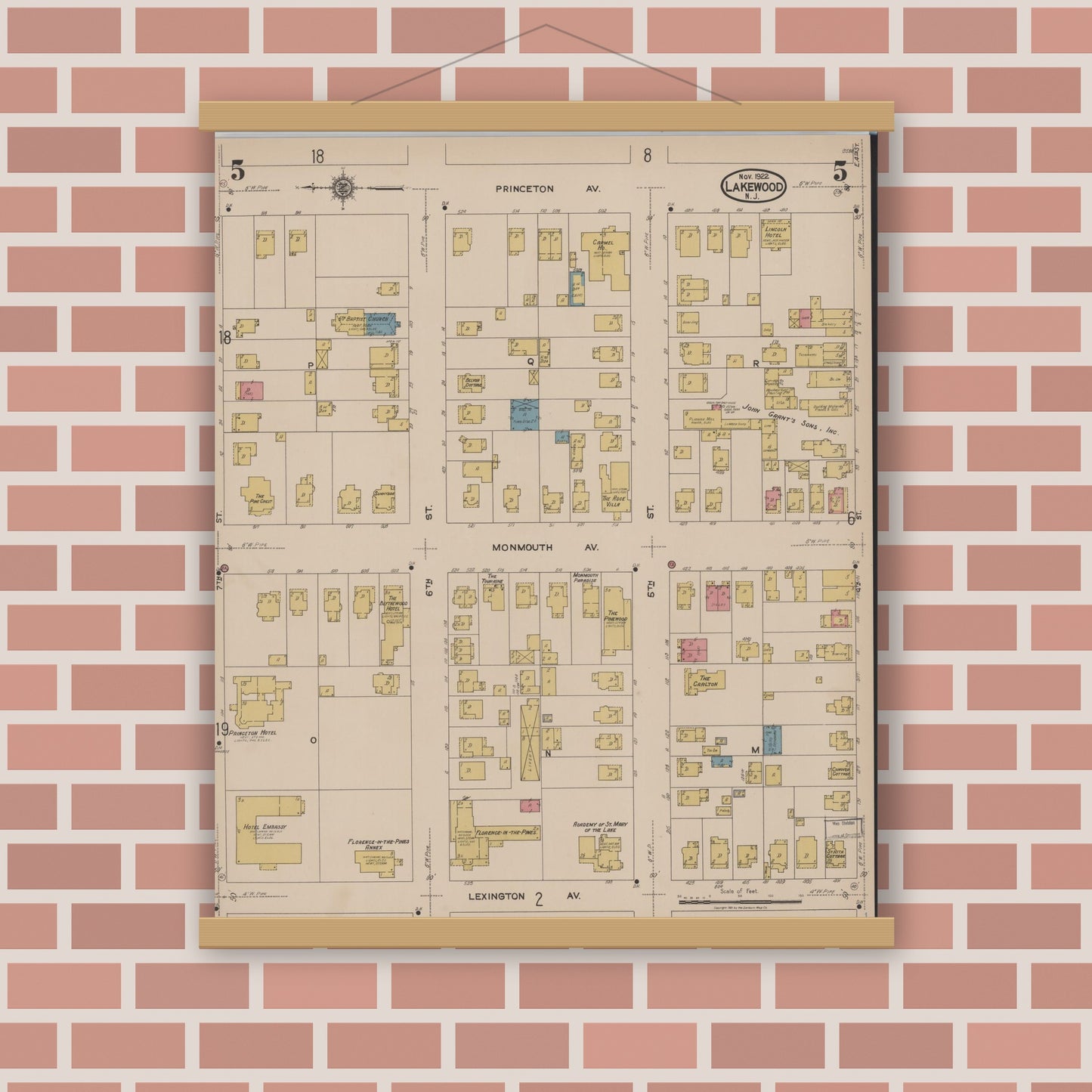 Old map wall art mockup — magnetic wood frame on brick wall — Sanborn Fire Insurance Map from Lakewood, Ocean County, New Jersey (1922), Sheet #0005
