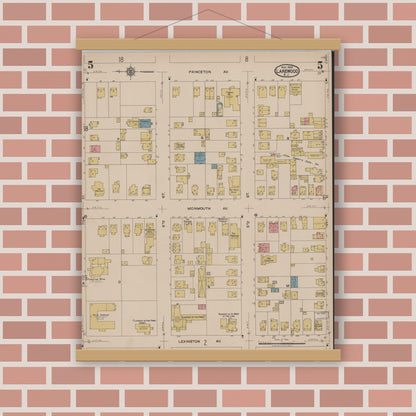 Old map wall art mockup — magnetic wood frame on brick wall — Sanborn Fire Insurance Map from Lakewood, Ocean County, New Jersey (1922), Sheet #0005