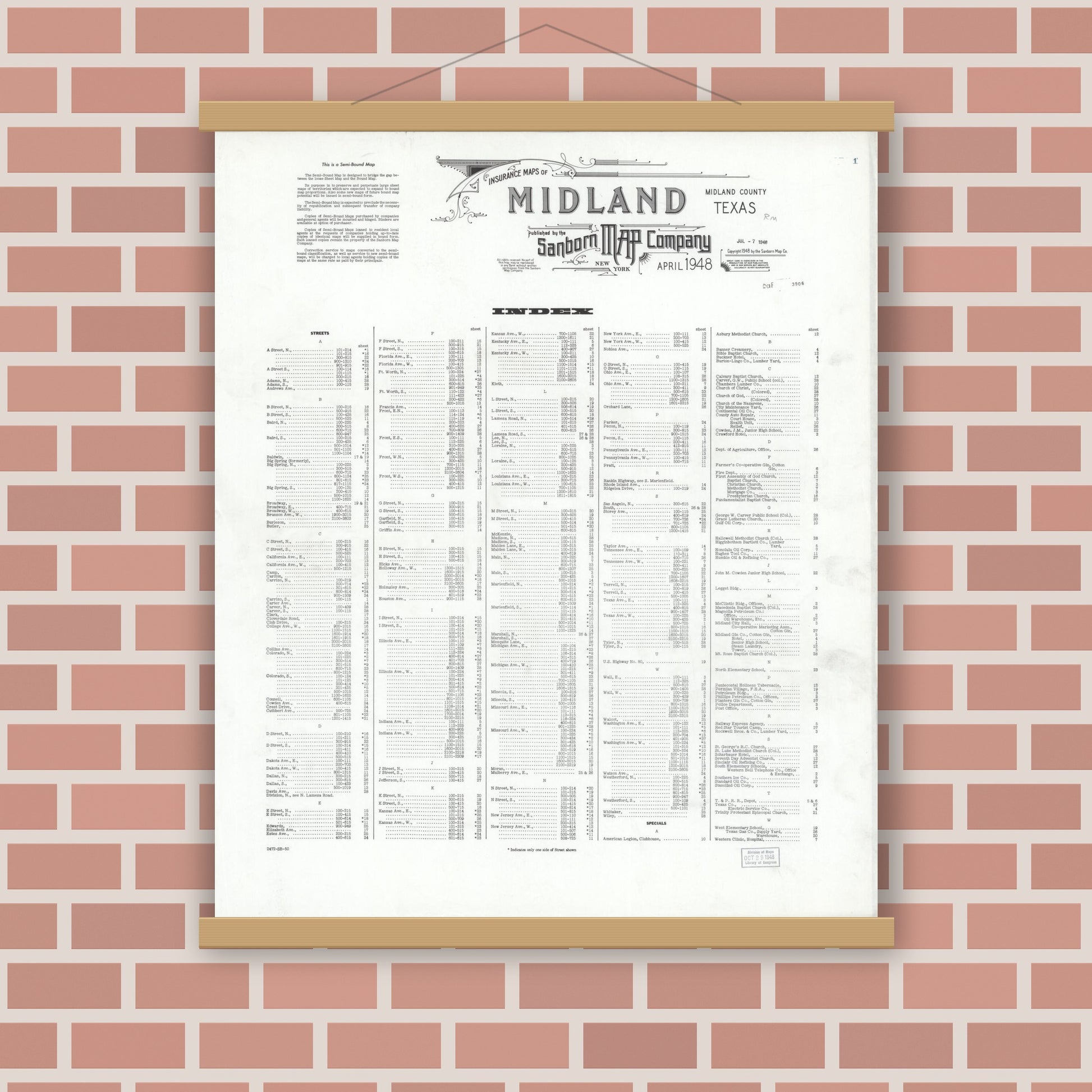 Old map wall art mockup — magnetic wood frame on brick wall — Sanborn Fire Insurance Map from Midland, Midland County, Texas (1948), Sheet #0001