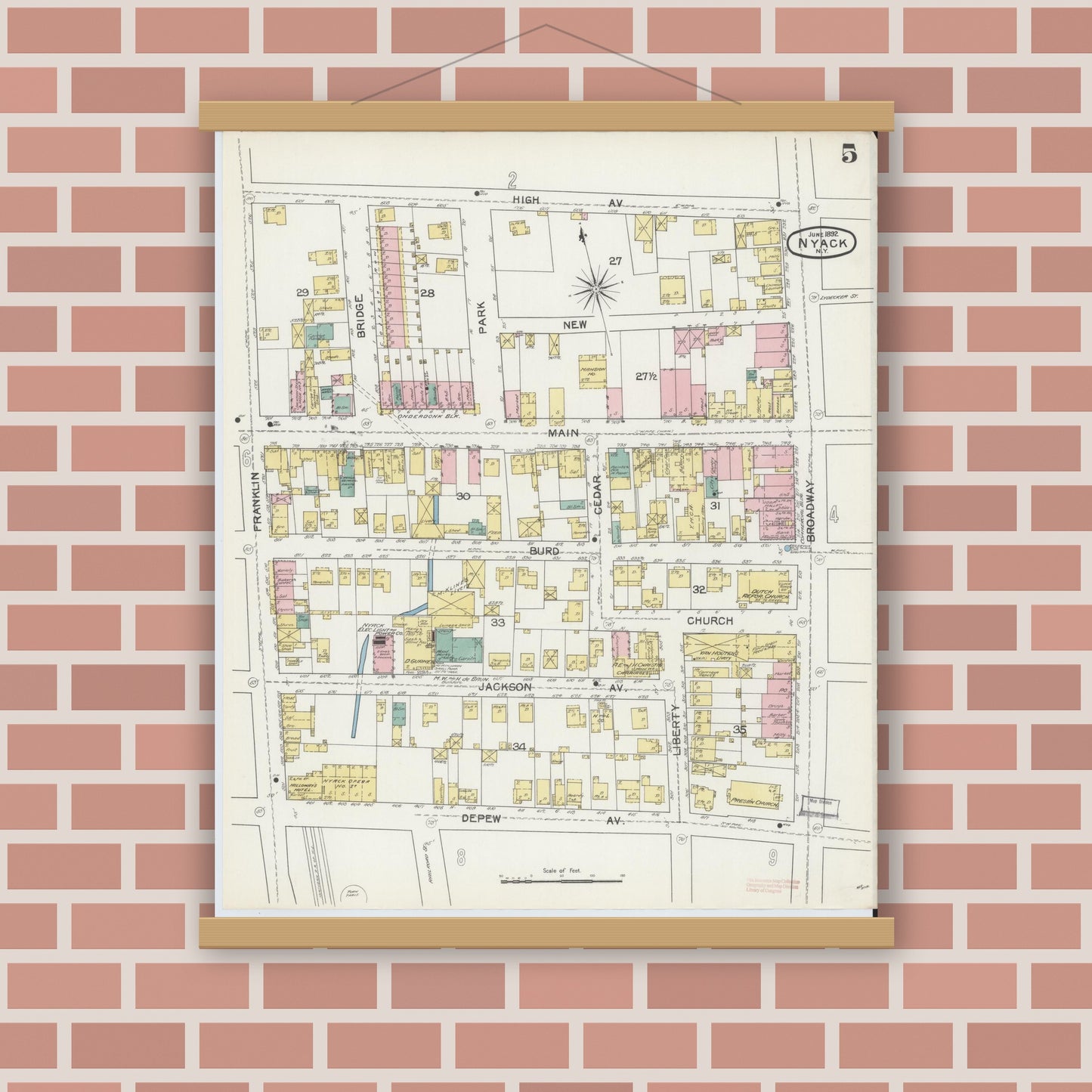 Old map wall art mockup — magnetic wood frame on brick wall — Sanborn Fire Insurance Map from Nyack, Rockland County, New York. (1892), Sheet #0005