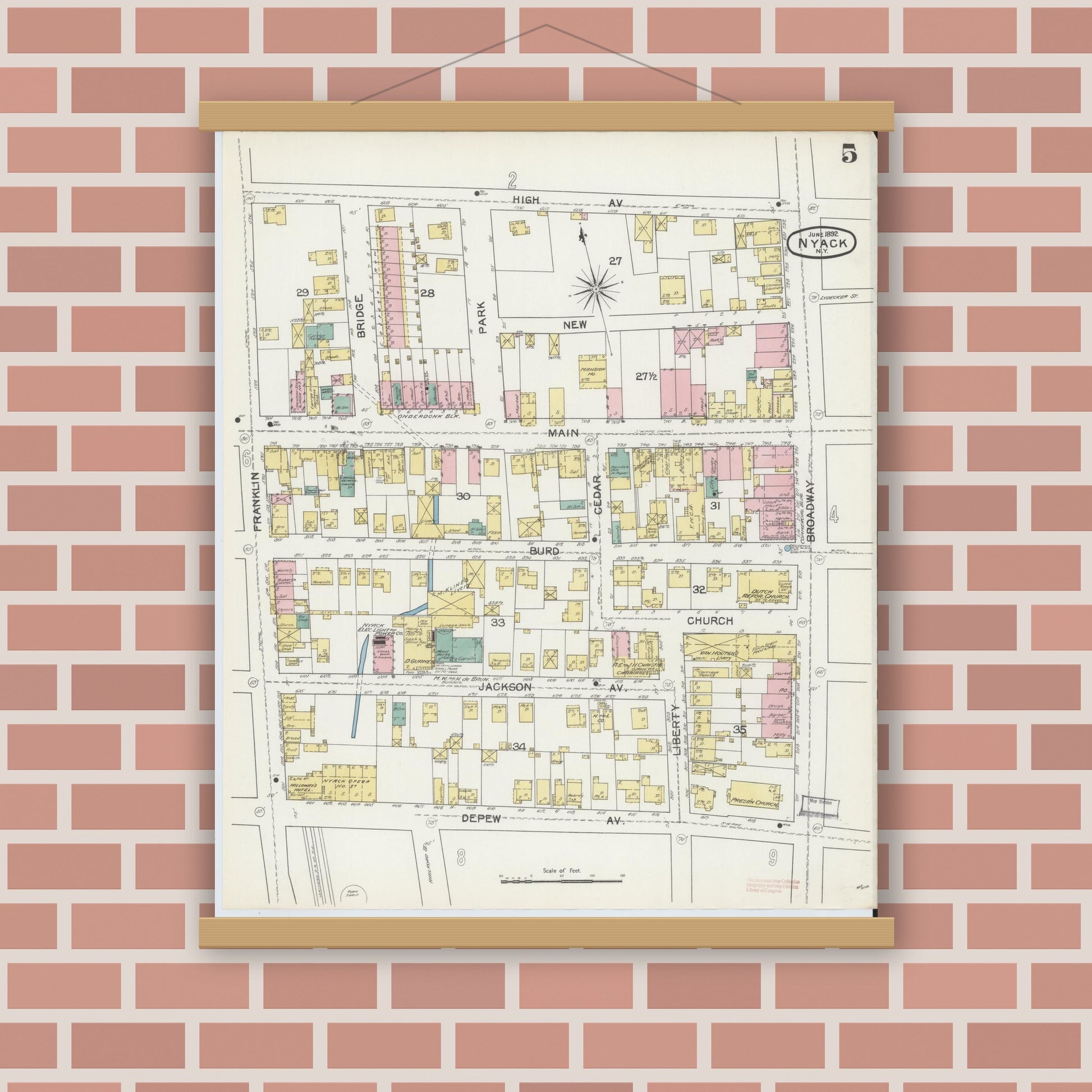 Old map wall art mockup — magnetic wood frame on brick wall — Sanborn Fire Insurance Map from Nyack, Rockland County, New York. (1892), Sheet #0005