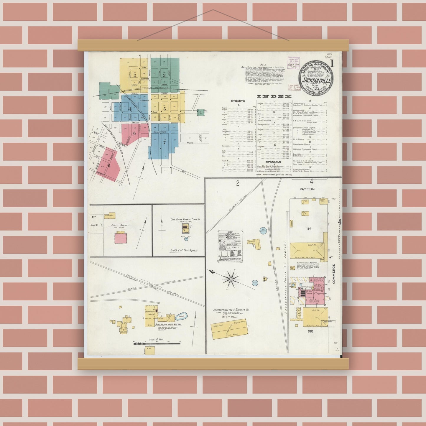 Old map wall art mockup — magnetic wood frame on brick wall — Sanborn Fire Insurance Map from Jacksonville, Cherokee County, Texas (1906), Sheet #0001