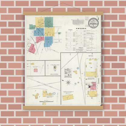 Old map wall art mockup — magnetic wood frame on brick wall — Sanborn Fire Insurance Map from Jacksonville, Cherokee County, Texas (1906), Sheet #0001