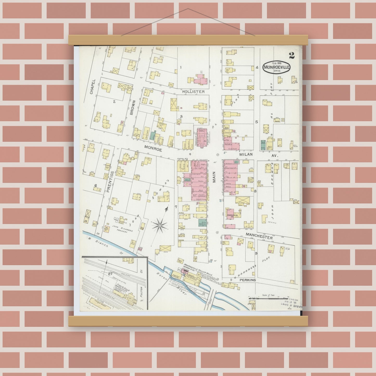 Old map wall art mockup — magnetic wood frame on brick wall — Sanborn Fire Insurance Map from Monroeville, Huron County, Ohio (1893), Sheet #0002