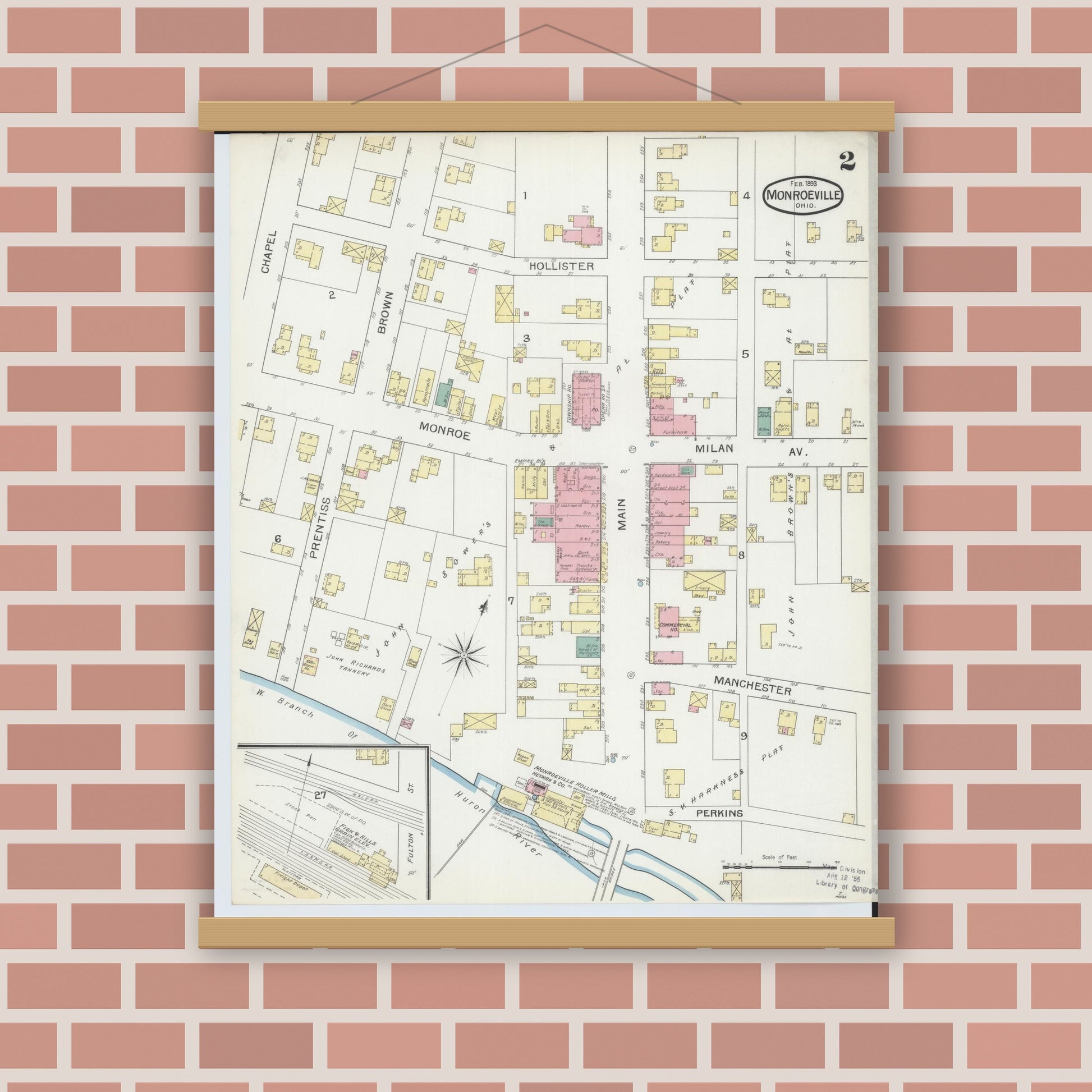 Old map wall art mockup — magnetic wood frame on brick wall — Sanborn Fire Insurance Map from Monroeville, Huron County, Ohio (1893), Sheet #0002
