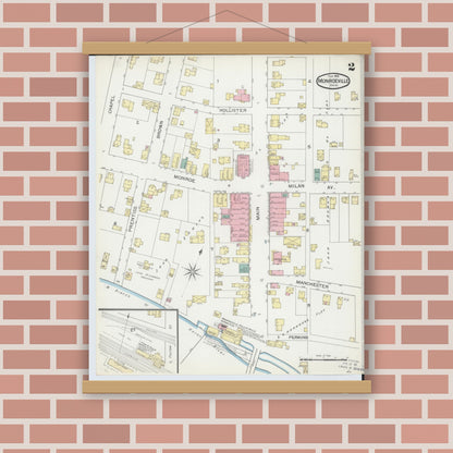 Old map wall art mockup — magnetic wood frame on brick wall — Sanborn Fire Insurance Map from Monroeville, Huron County, Ohio (1893), Sheet #0002